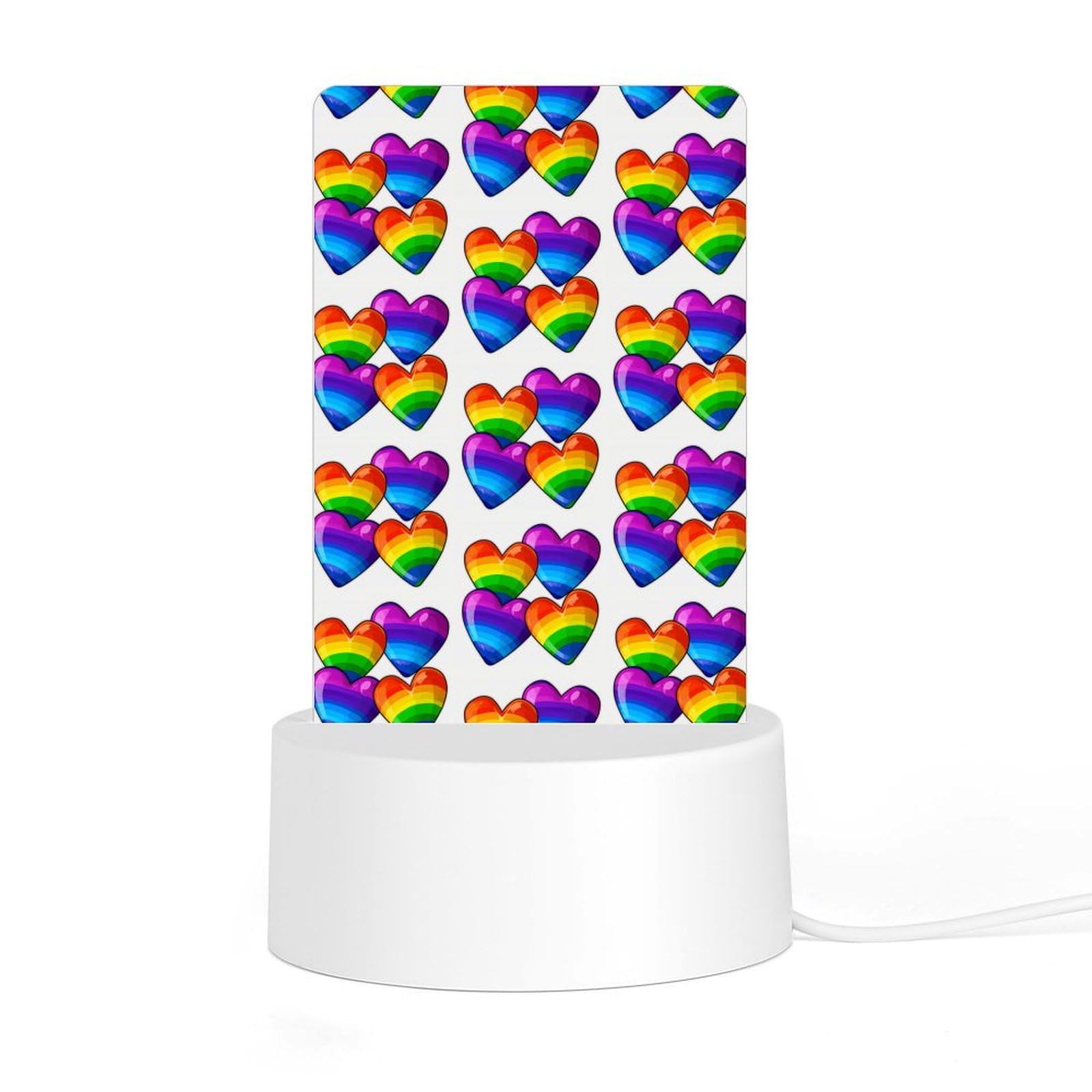 JTREHY Acrylic Night Light with Base, Rainbow Colored Gay Pride Hearts Printed Desktop Night Light LED Bedside Night Light for Bedroom, Bathroom, Corridor, Holiday Gift