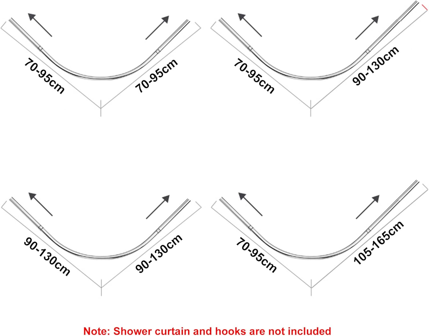 Shower Curtain Rod, L-shaped Shower Curtain Rod，Shower Curtain Rod Extendable No Drilling Stainless Steel Curved Shower Curtain Rail, Wall Mounted Telescopic Rod for Bathroom Corner Shower Pole 70~95c