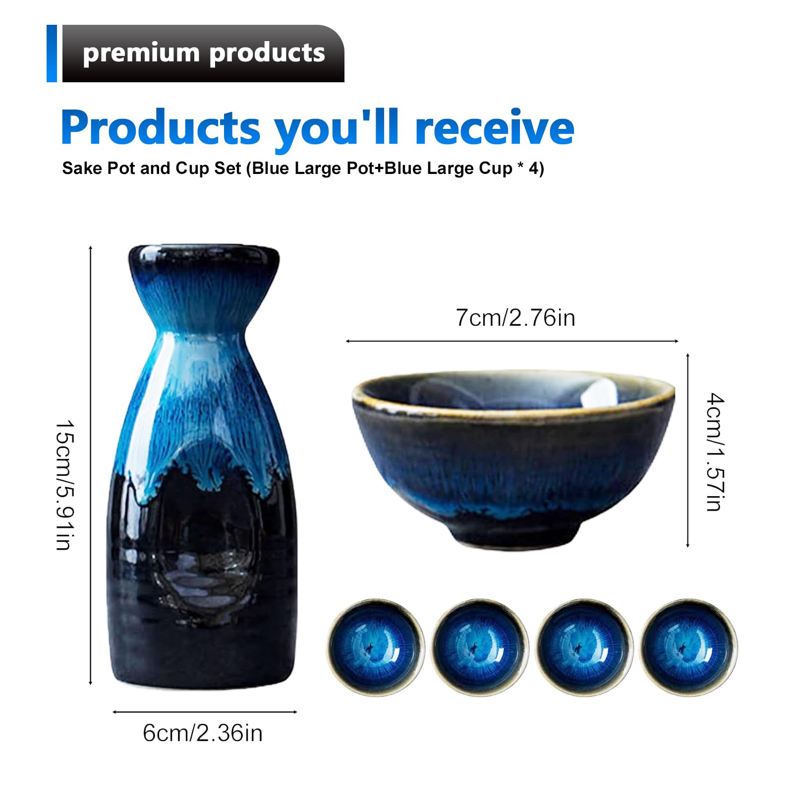 Set di 5 sake da 310 ml, in ceramica giapponese, vetro borosilicato di alta qualità con tazza e vaso di vino, elegante porcellana blu