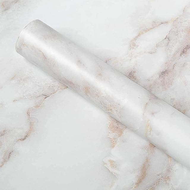 Homein Self Adhesive Wallpaper Marble Sticky Back Plastic Roll 44.5x200cm, Waterproof Vinyl Film for Kitchen Countertop Furniture Bathroom, White-Brown Paper Matte Granite