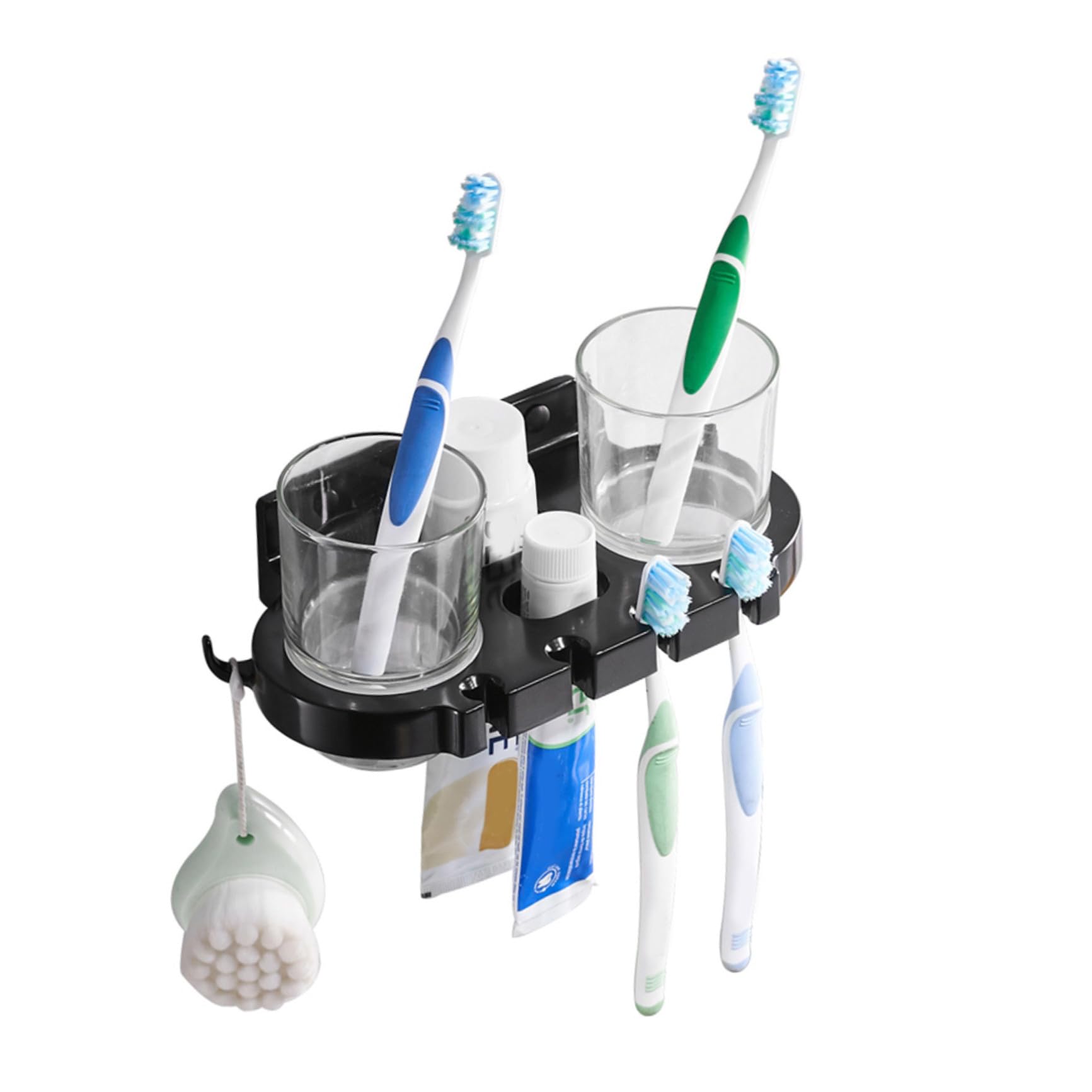PLAFOPE Porta Cepillos de Dientes sin Taladro de Aluminio Soporte Doble con Vasos y Ganchos para Baño Antióxido Fácil Instalación Diseño Compacto Negro
