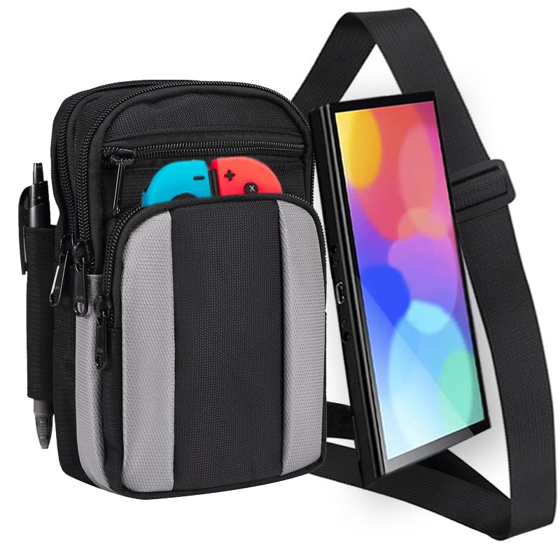 Carrying Case for Nintendo Switch & Switch OLED, Travel Shoulder Case with Pockets for Pro Controller, Joycon Grip or AC Adapter, Portable Storage Bag for Game Accessories (Light Grey)