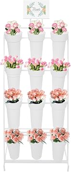 4-Tier Flower Display Stand, Rolling Metal Plant Rack Bouquet Holder with 12Pcs Buckets & Wheels, Planter Shelf with Round Pots for Outdoor Florist Garden Patio White