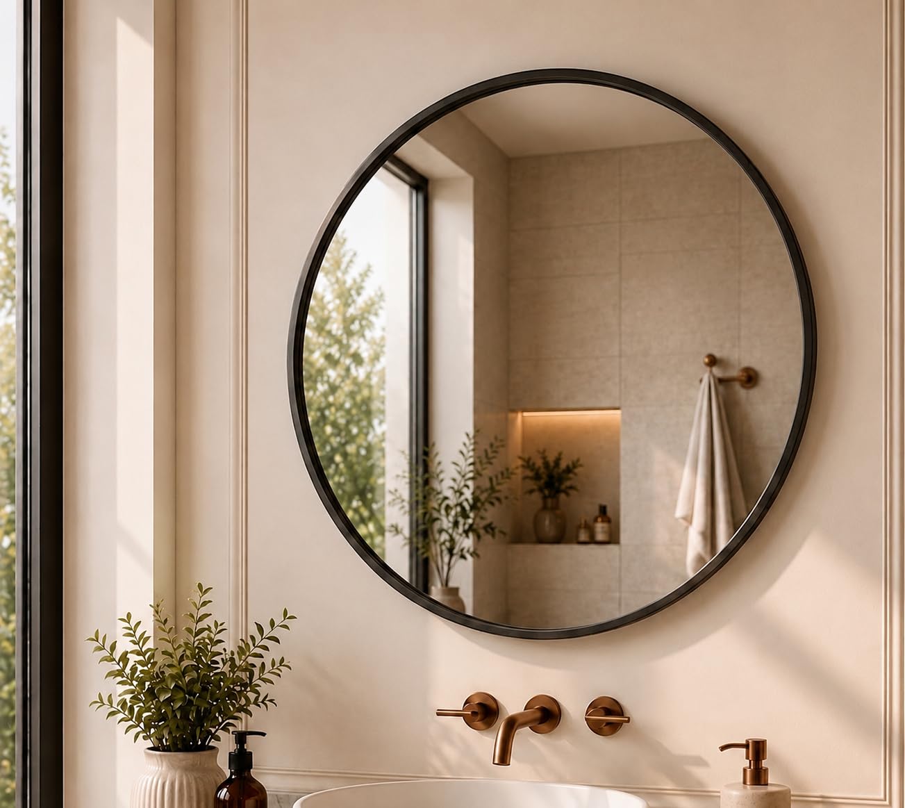 Aureum Round Mirror (Black, 70 Centimeter) | Premium Frame Finish, Crystal Clear Glass, Rustproof & Moisture Resistant, Wall Mirror for Living Room, Bedroom & Bathroom-image-2