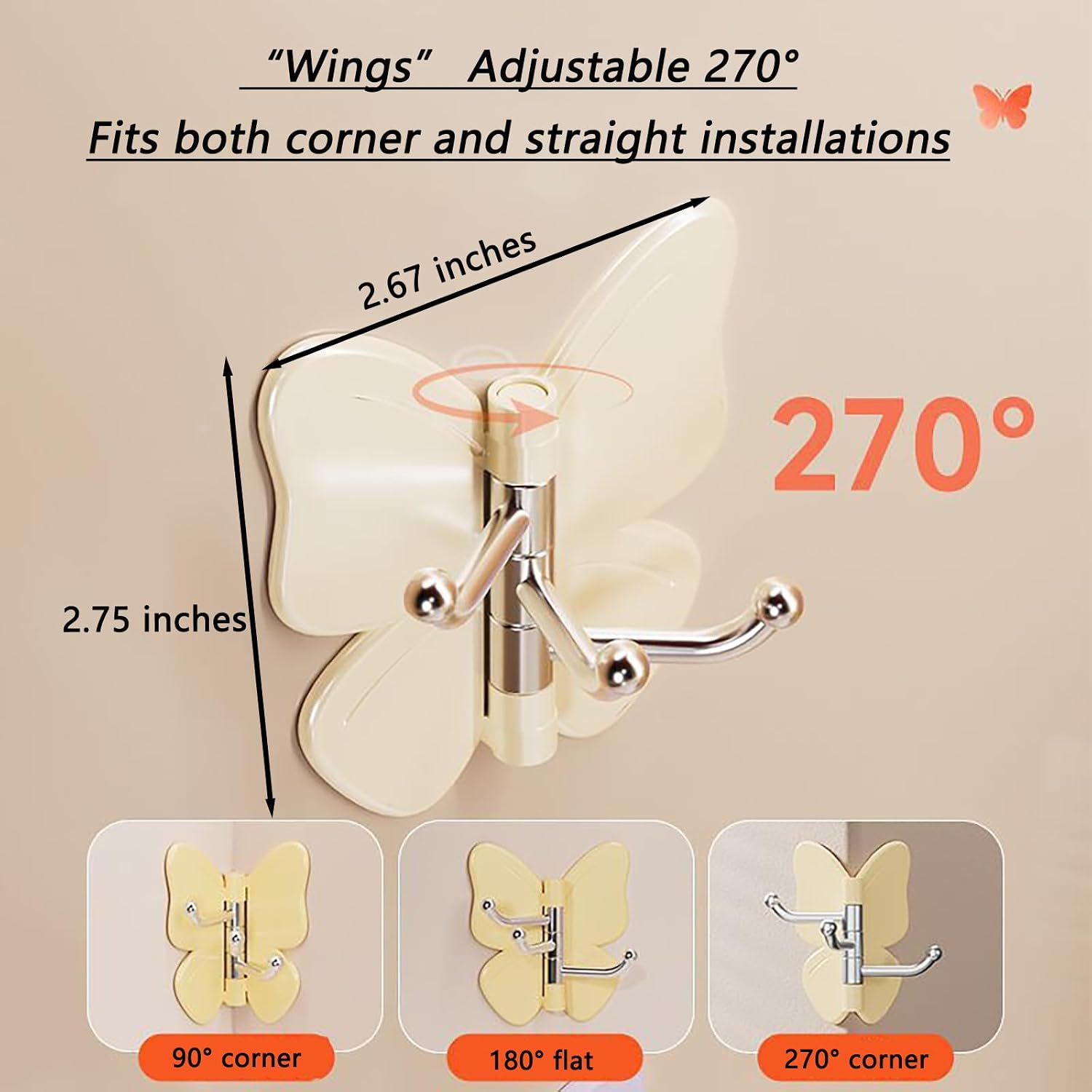 Butterfly Triple Wall Hooks, 270° Rotatable, No-Drill Adhesive, for Bathroom, Kitchen, and Bedroom Storage-Four Color 4PCS