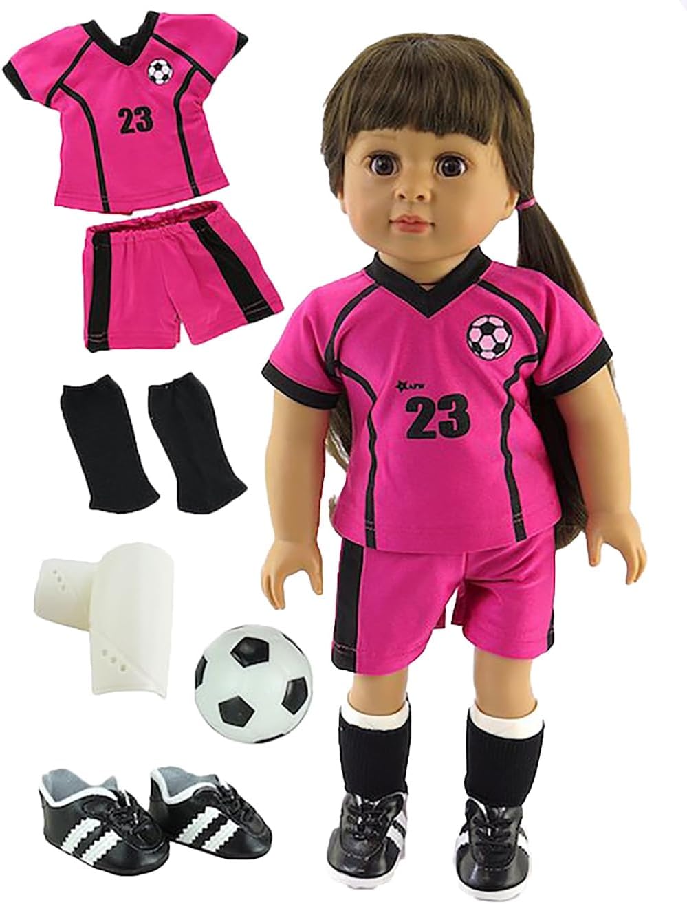 Magenta Soccer Outfit for 18 Inch Dolls | American Fashion World