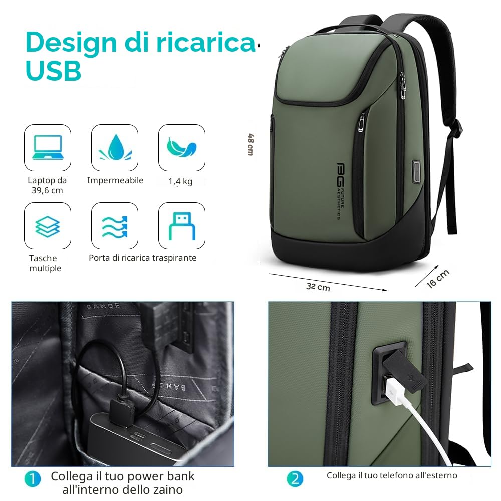 BANGE Zaino intelligente da lavoro, impermeabile, adatto per computer portatile da 15,7 pollici, con porta di ricarica USB, zaino da viaggio durevole, Verde (tre tasche), L, Business