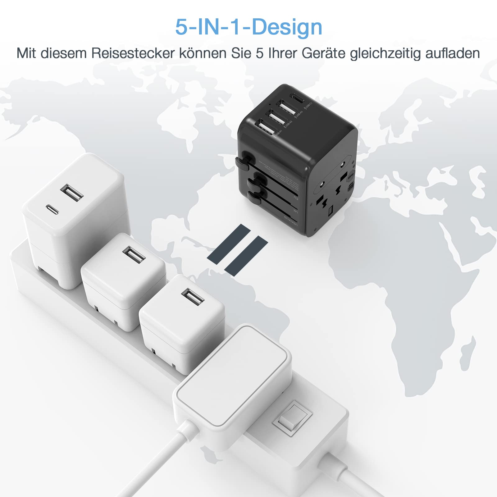 TESSAN Adattatore Universale da Viaggio, Presa Universale da Viaggio con 3 USB A e 1 USB C, Adattatore Spina Internazionale per Italia Inglese Americana Australia, Nero