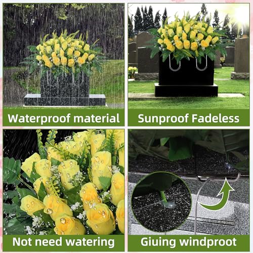 Cemetery Headstone Flower Saddle,Tombstone Flower,Outdoor Grave Saddle Headstone Decorations,Cemetery Memorial Flowers for Outdoor Gravesite Tombstone Decorations (Yellow) image 5
