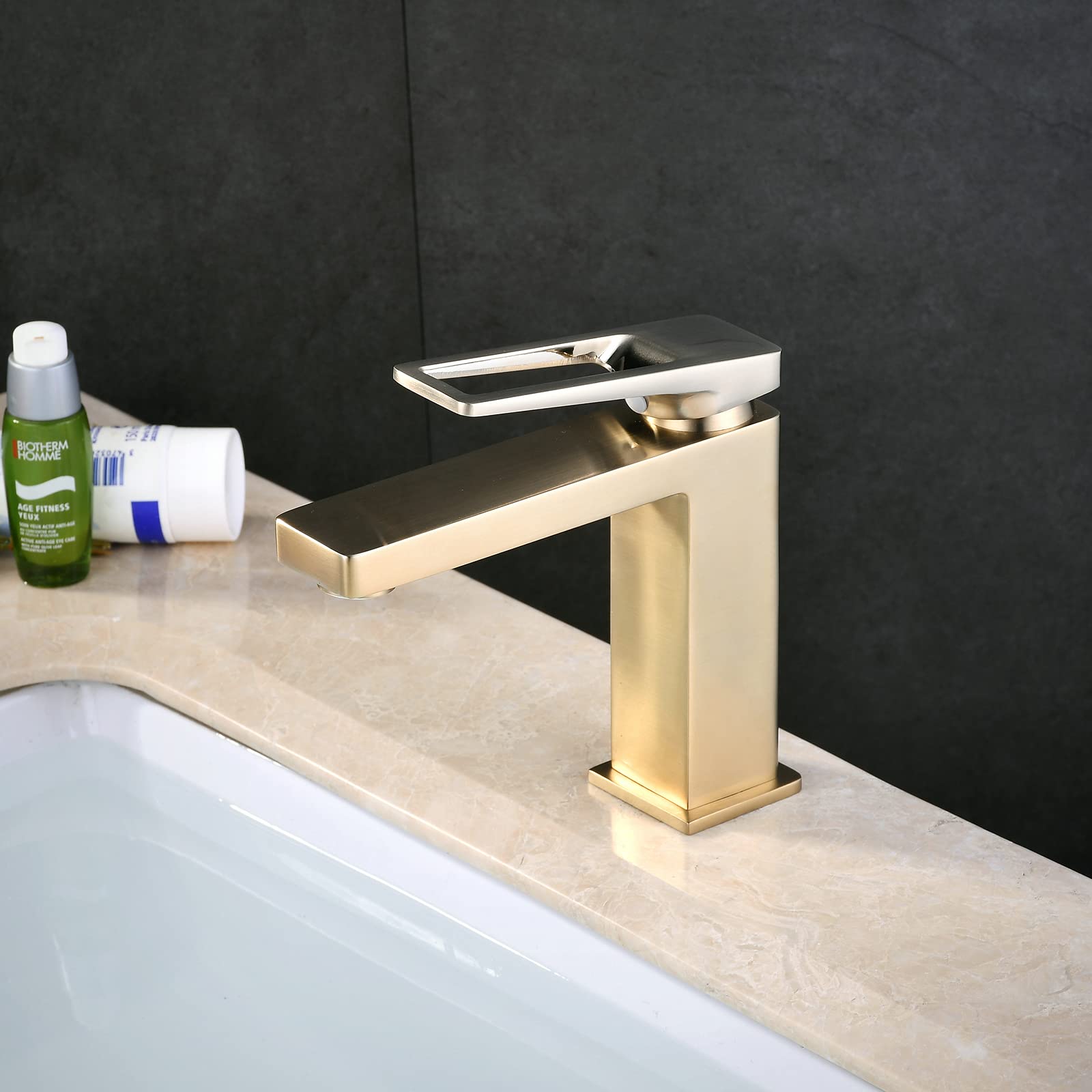 Gouden Watervalkraan Badkamer, Messing ééngreepskraan Voor De Wastafel Met Regelbaar Warm En Koud Water