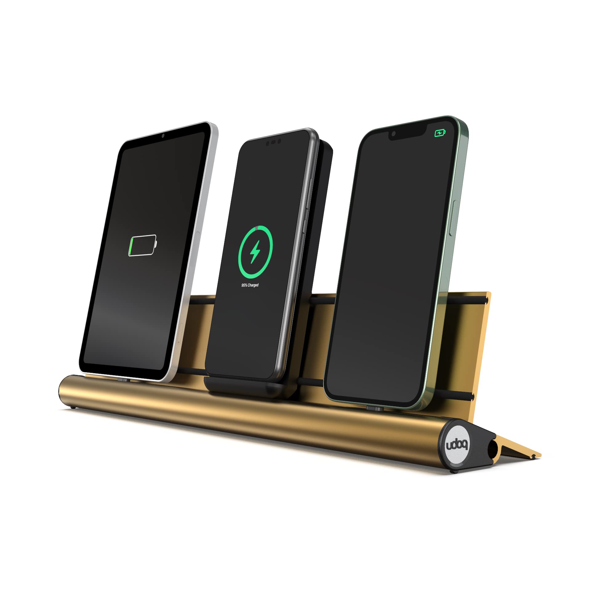 Stazione di ricarica universale per smartphone, tablet e AirPods, udoq 400, alluminio, oro, con Power Delivery Fast Charging e adattatore wireless (oro)