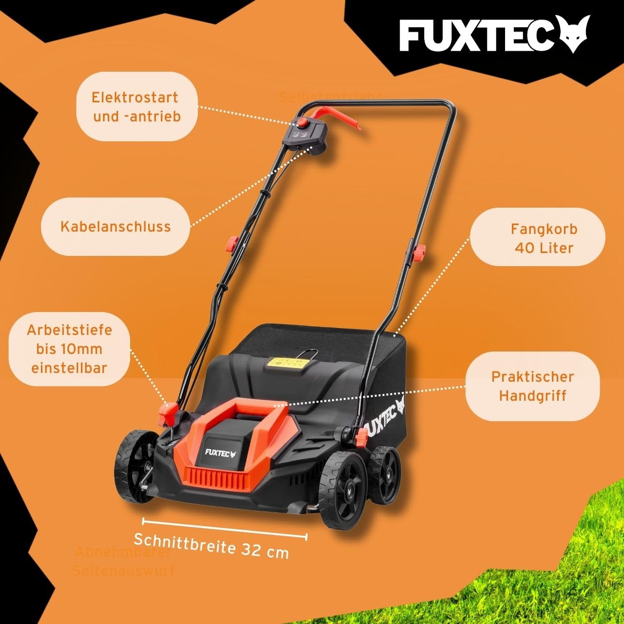 Fuxtec Elektro-Vertikutierer FX-EV320ECO, Rasenlüfter mit 1300 Watt Power, 32 cm Arbeitsbreite und Tiefeneinstellungen von -12 bis +10 mm, 40 L Grasfangkorb