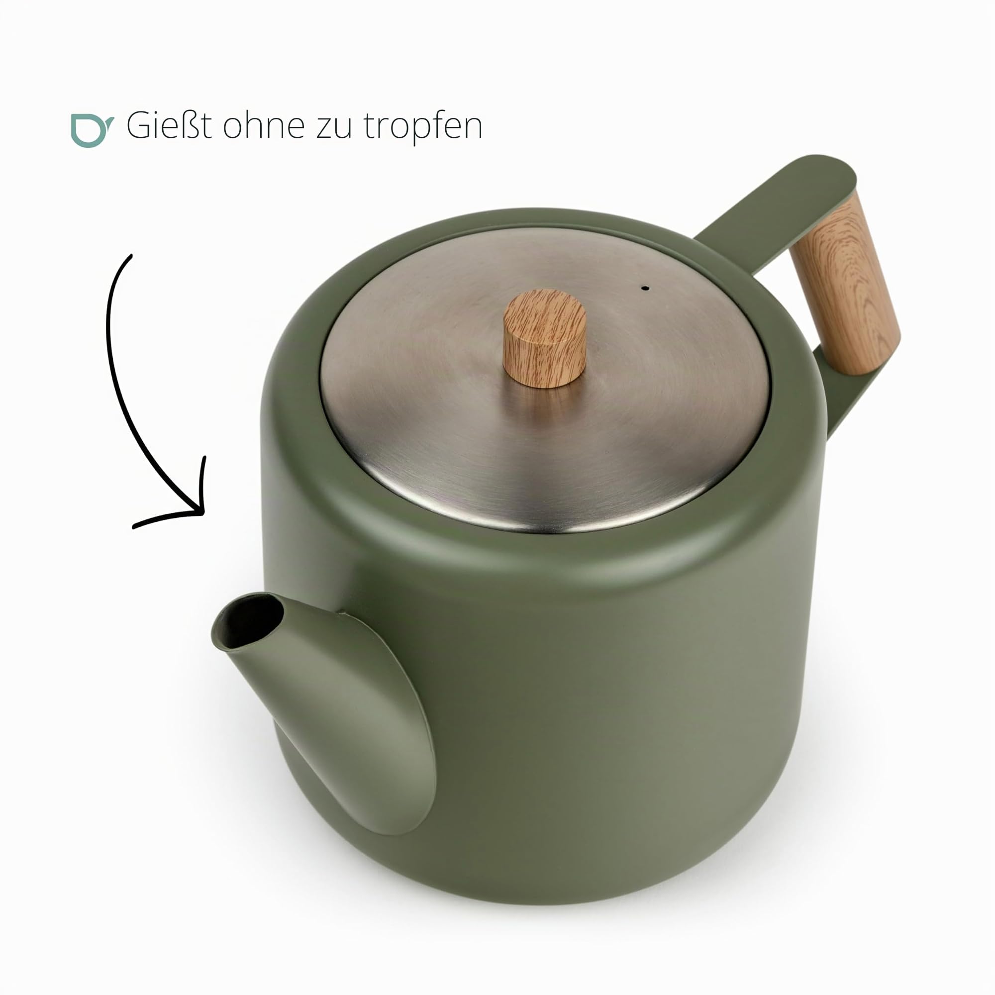 Bredemeijer grüne Edelstahl Teekanne 1.1 Liter - Griff in Holzoptik - doppelwandige Retro Kanne - für längeren, warmen Teegenuss