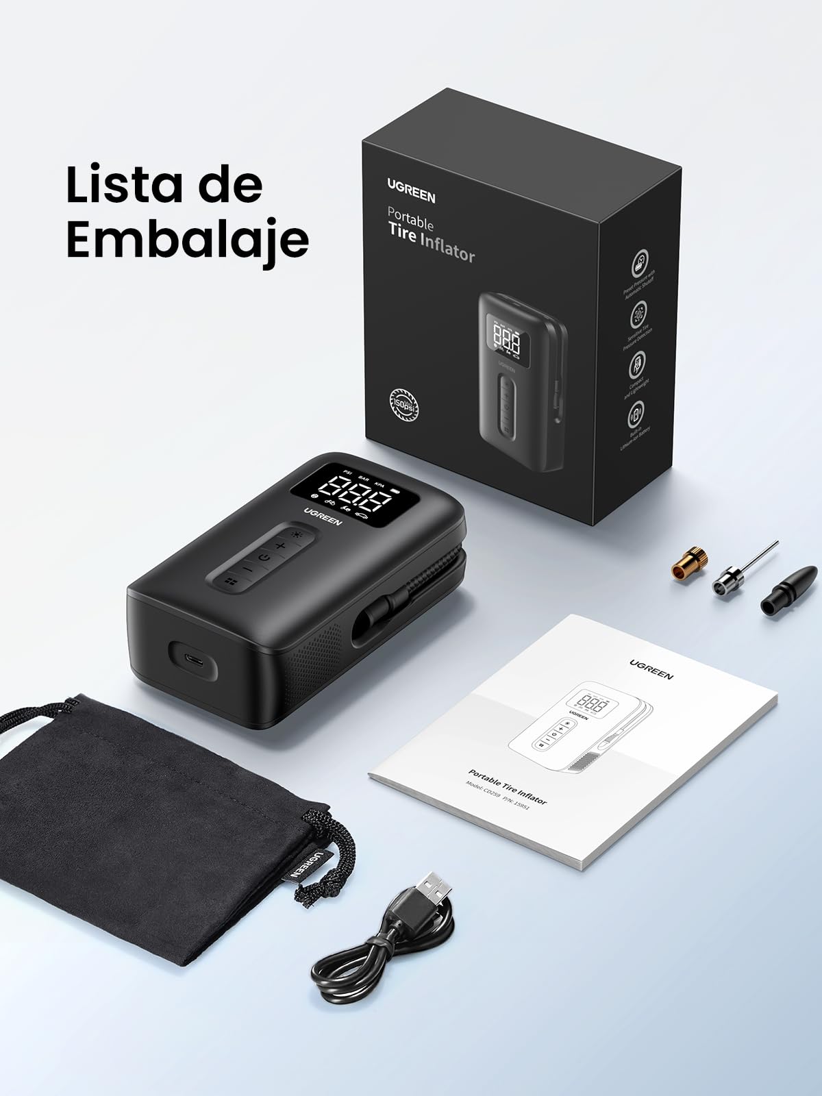 UGREEN Compresor Aire Portatil, 150PSI Inflador Ruedas Coche Mini Bomba de Aire Bicicleta Electrica con Pantalla LCD Digital y Linterna LED，con Boquillas para Coches, Motos, Bicicletas