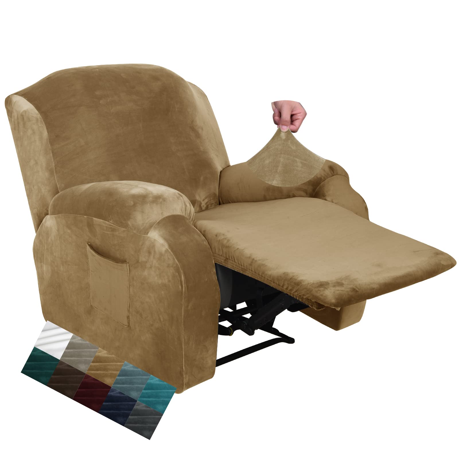 CHELZEN Funda de Sillón Relax Terciopelo, Fundas Sofá Elásticas para sillón, Funda Reclinable de 4 Piezas con Bolsillos Laterales (Camello)