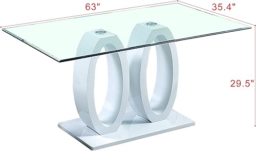 Miniatura 2 de Henf Mesa de comedor contemporánea de 63 pulgadas para 6 personas mesa de comedor de vidrio templado con doble pedestal de alto brillo mesa de