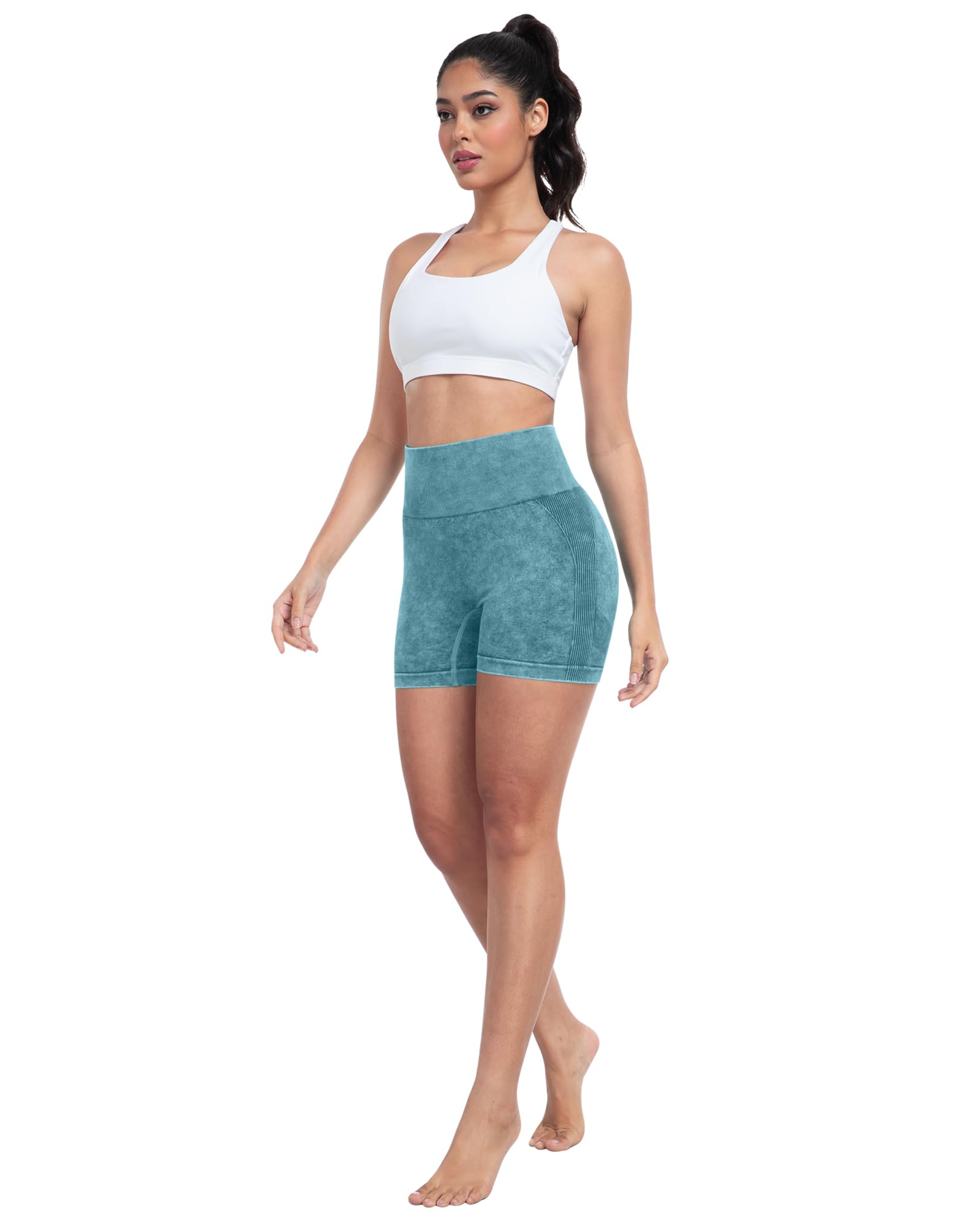 CHRLEISURE Women's 4 Packs Workout Gym Shorts, High Waisted Butt Lifting Scrunch Butt Seamless Booty Shorts: 4 Packs (Black, Wash Black,wash Navy, Wash Green ) Large
