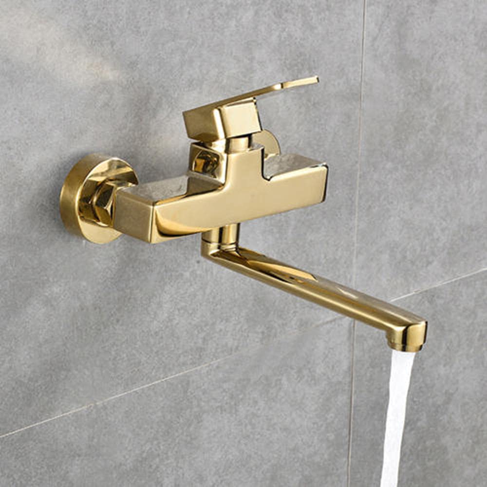 Grifo De Cocina De Pared Latón Dos Orificios - Agua Fría Y Caliente, Giro 360°, Distancia Ajustable 135-165mm, Acabado Dorado