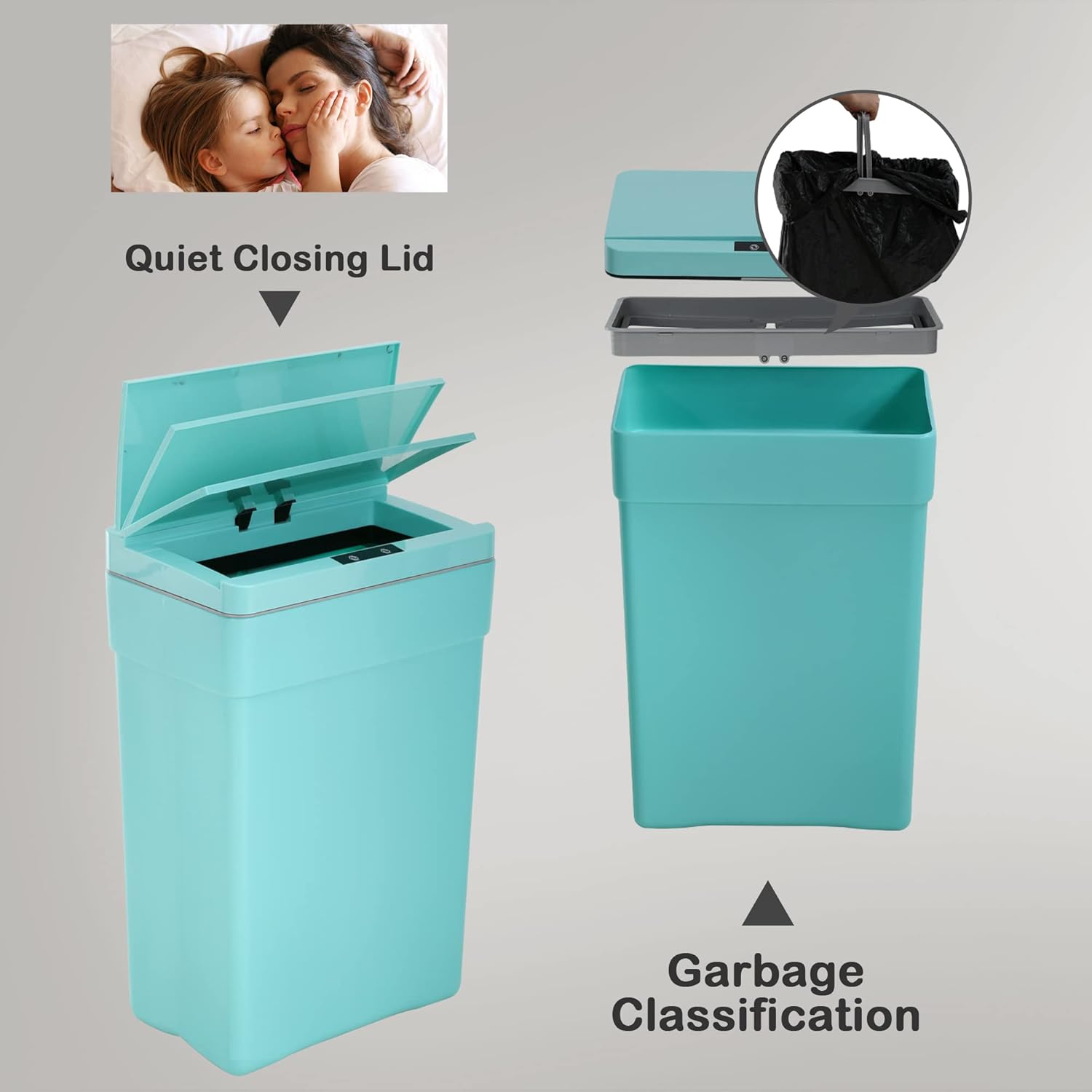 13 Gallon Trash Can, Automatic Kitchen Can with Motion-sensing Lid, Touchless High-capacity Garbage Rectangular Plastic Cans for Bathroom Bedroom Office, BLUE, 15.35 x 9.84 x 23.62 inches