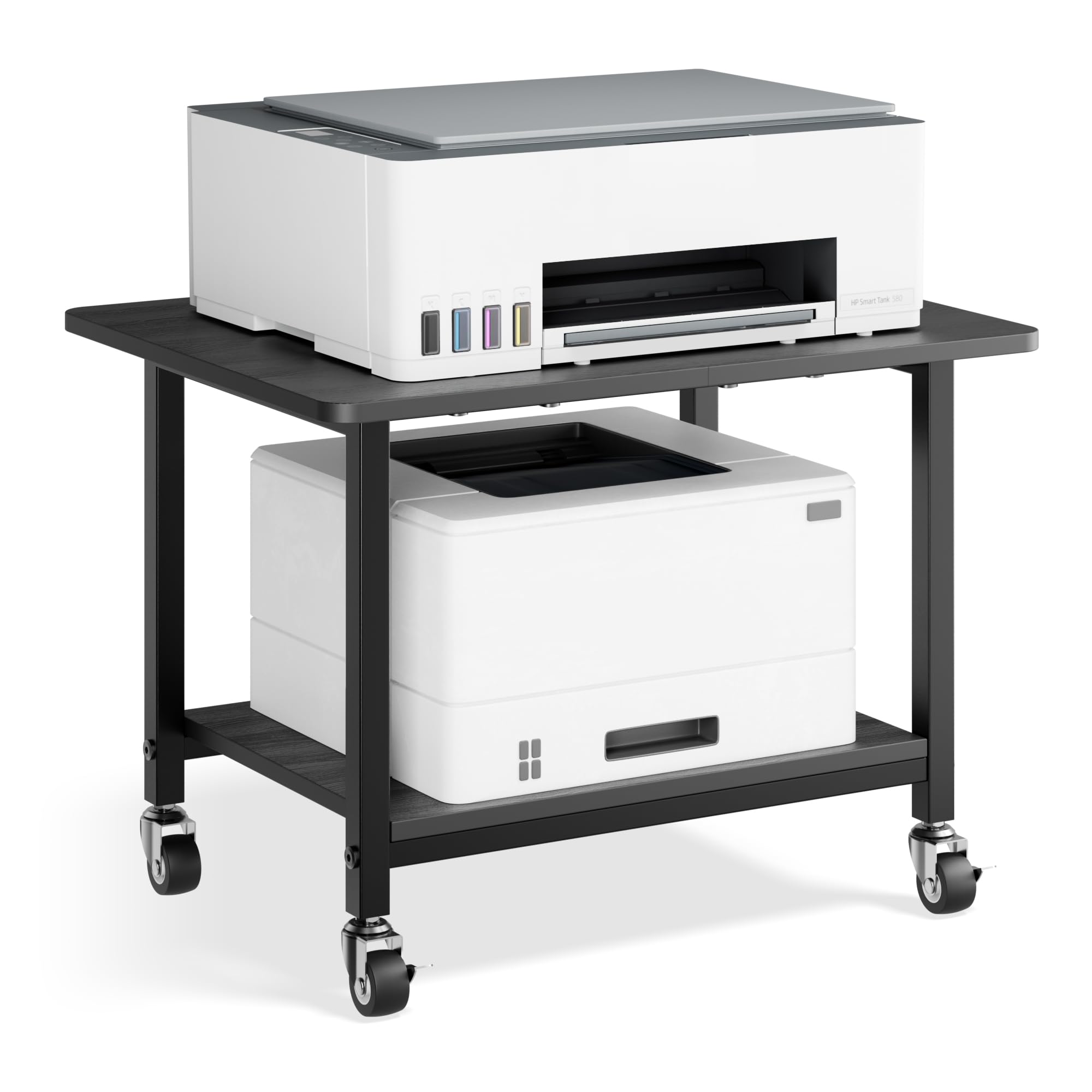 niffgaff Soporte para impresora con ruedas bloqueables, carrito de impresora rodante de 2 niveles con estante de almacenamiento, mesa compacta de madera y metal para oficina en casa, negro, 20.1 x