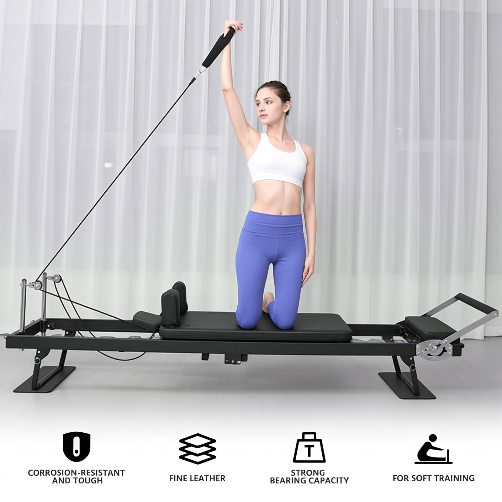 Masiunoz Foldable Pilates Reformer, Home Fitness Pilates Machine, Aluminum Sliding High Platform Design, 120kg Load Capacity Portable Roller, 197cm Multifunctional Yoga Studio Exercise Equipment Bla
