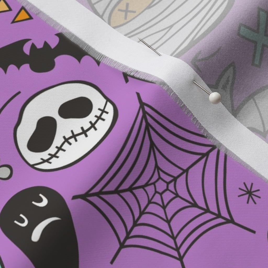 Spoonflower Fabric - Halloween Doodle Skulls Spider Skeleton Bat Ghost Web Purple Printed on Organic Cotton Sateen Fabric by The Yard - Sewing Quilting Apparel Home Decor
