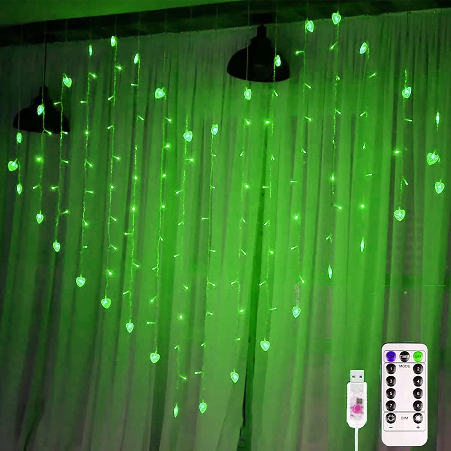 Kurtyna okienna LED, sople lodu, łańcuch świetlny, 124 diody LED, 2 m x 1,5 m, 8 trybów pracy, pilot zdalnego sterowania, baterie, złącze USB, na imprezę, do sypialni, na wesele (zielona)