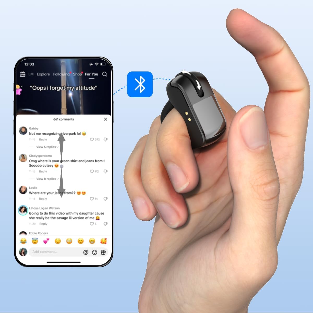 Remote Control for TikTok,Air Finger Ring Mouse with Touchpad, Bluetooth Page Turner for iPad/Kindle App/iPhone/Android, (Black)