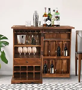 WeeHom Furniture Sheesham Wood Bar Cabinet with Door Storage for Home Living Room Wooden Wine Rack Bar Counter (Natural Brown Finish)