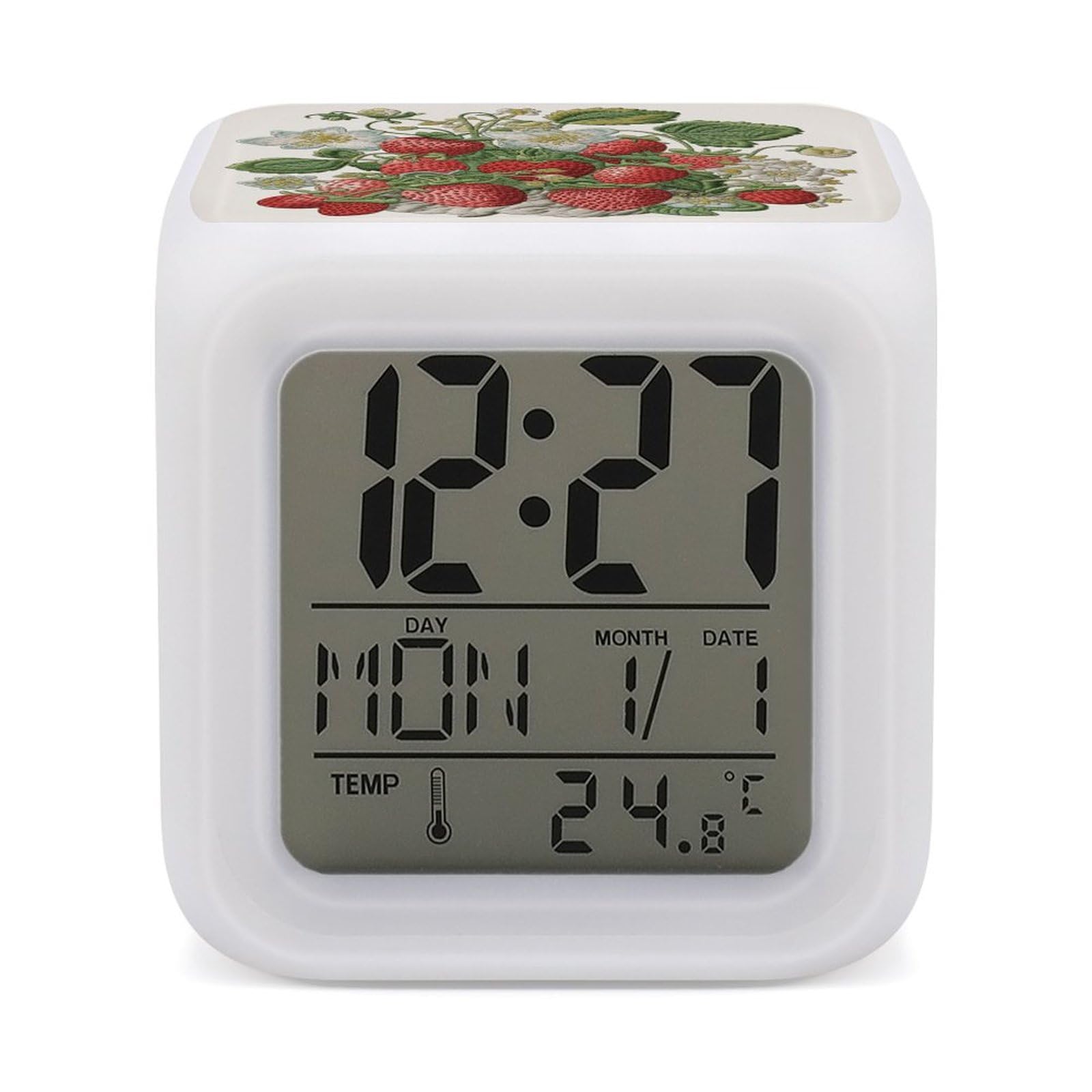 JTREHY 7 Color Changing LED Digital Alarm Clock,Strawberry Embroidery Printed Wake-up Clock with Temperature Display Home Decoration Alarm Clock for Bedroom Office