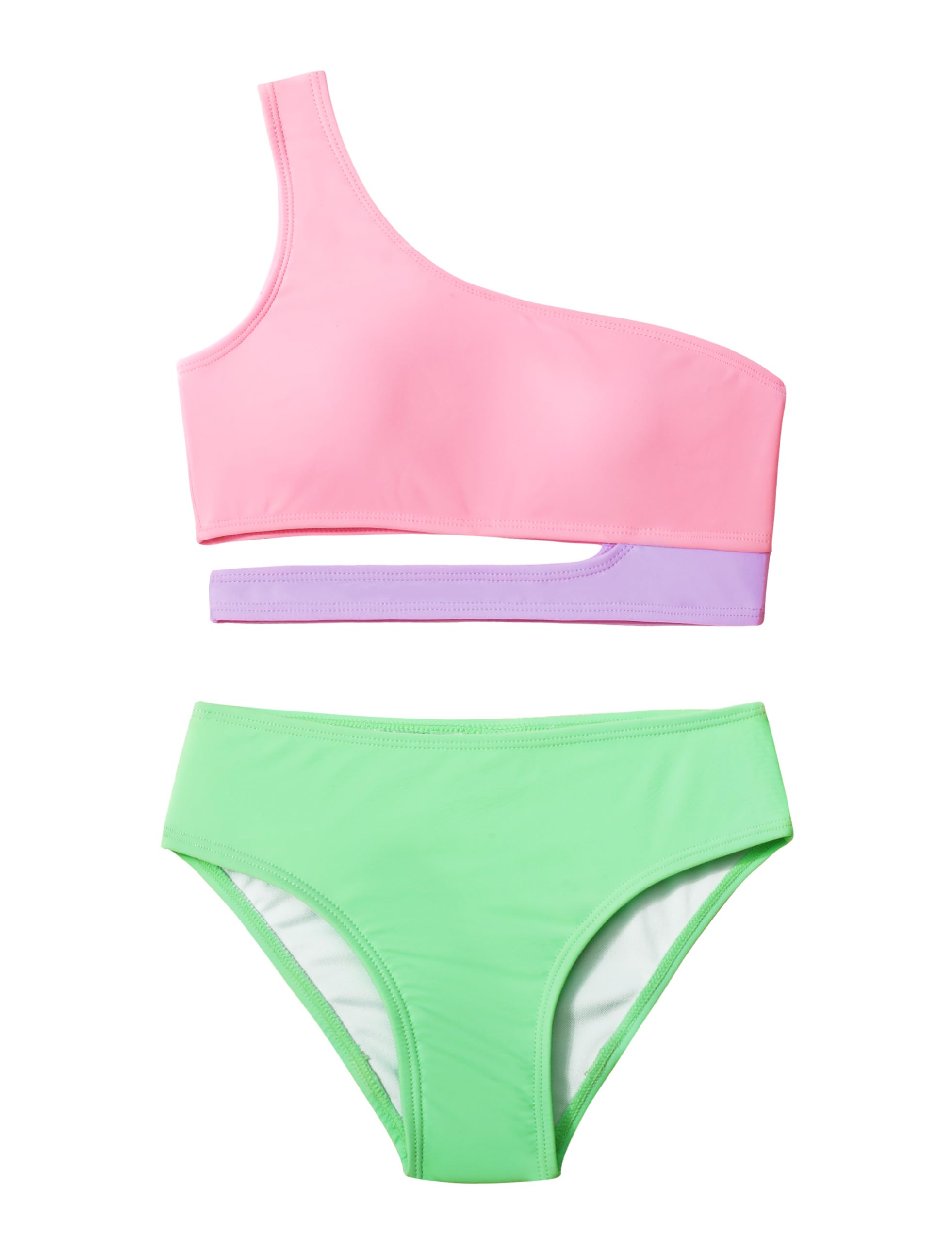 DearnowGirls Swimsuit Two Piece One Shoulder Cutout Bikini Summer Beach Girls Bathing Suits, Pink, 11-12 Years