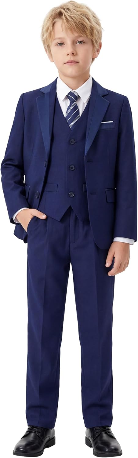 LOLANTA Boys Formal Suit 7 Piece Ring Bearer Outfit, Kids Tuxedo No Tail Gentlman Slim Fit Dress Clothes