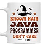 MONIZILUCKY Broom Hair Java Programmer Don’t Care Mug, Funny Halloween 11oz White Ceramic Coffee Cup, Spooky Witch Mug Gift for Java Programmer, Spooky Fall Drinkware