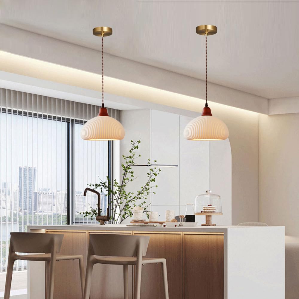 Lampada a sospensione in ceramica bianca a coste, lampada a moderna di metà secolo, lampadario a soffitto in legno rustico della fattoria, tavolo da pranzo for camera letto