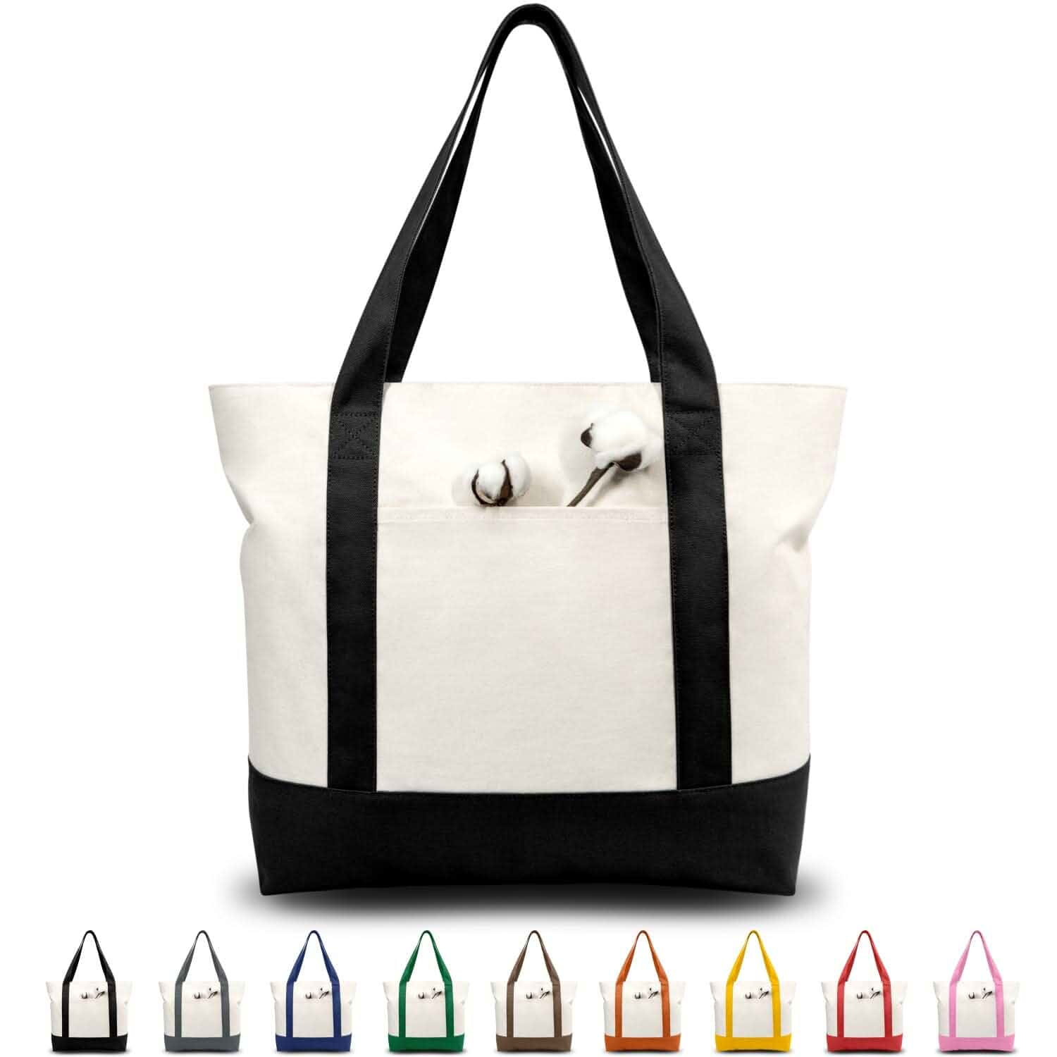 TOPDesign 1 | 3 | 6 | 30 Pack Canvas Tote Bag with an External Pocket, Reusable Grocery Shopping Bag, Top Zipper Closure, Daily Essentials (Black/Natural Pack of 1)