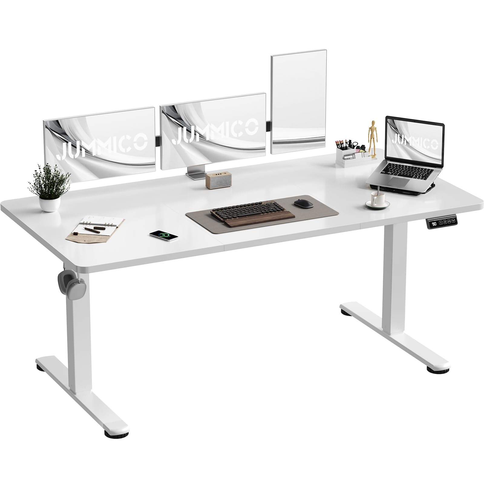 JUMMICO Electric Standing Desk 160 x 70 cm Home Office Height Adjustable Desk, Computer Lift Table with Smart Panel, Sit Stand Desk with Height Memory, White