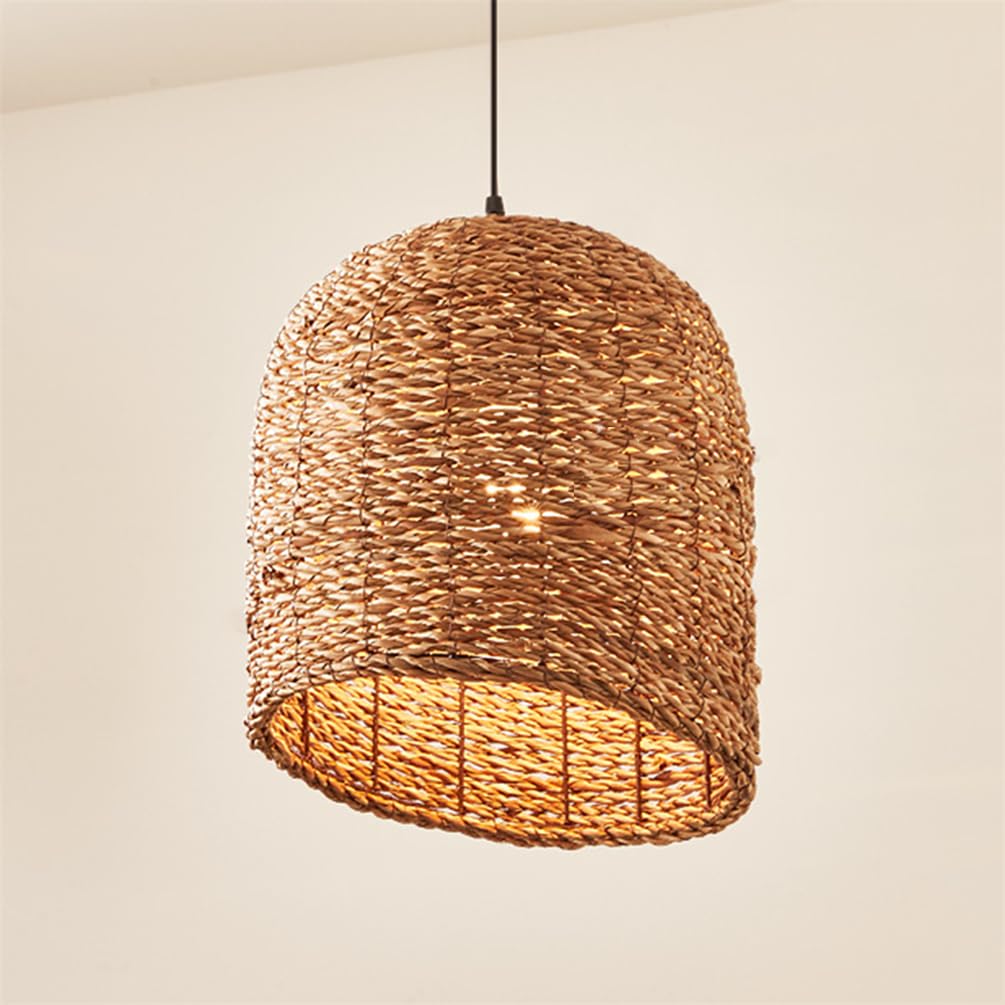 LYMSXAZOU 1 Light Rattan Chandelier Country Rustic Natural Ceiling Hanging Fixture, Farmhouse Coastal Woven Lampshade Creative Nostalgic Adjustable E27 Pendant Fixtures for Kitchen Island