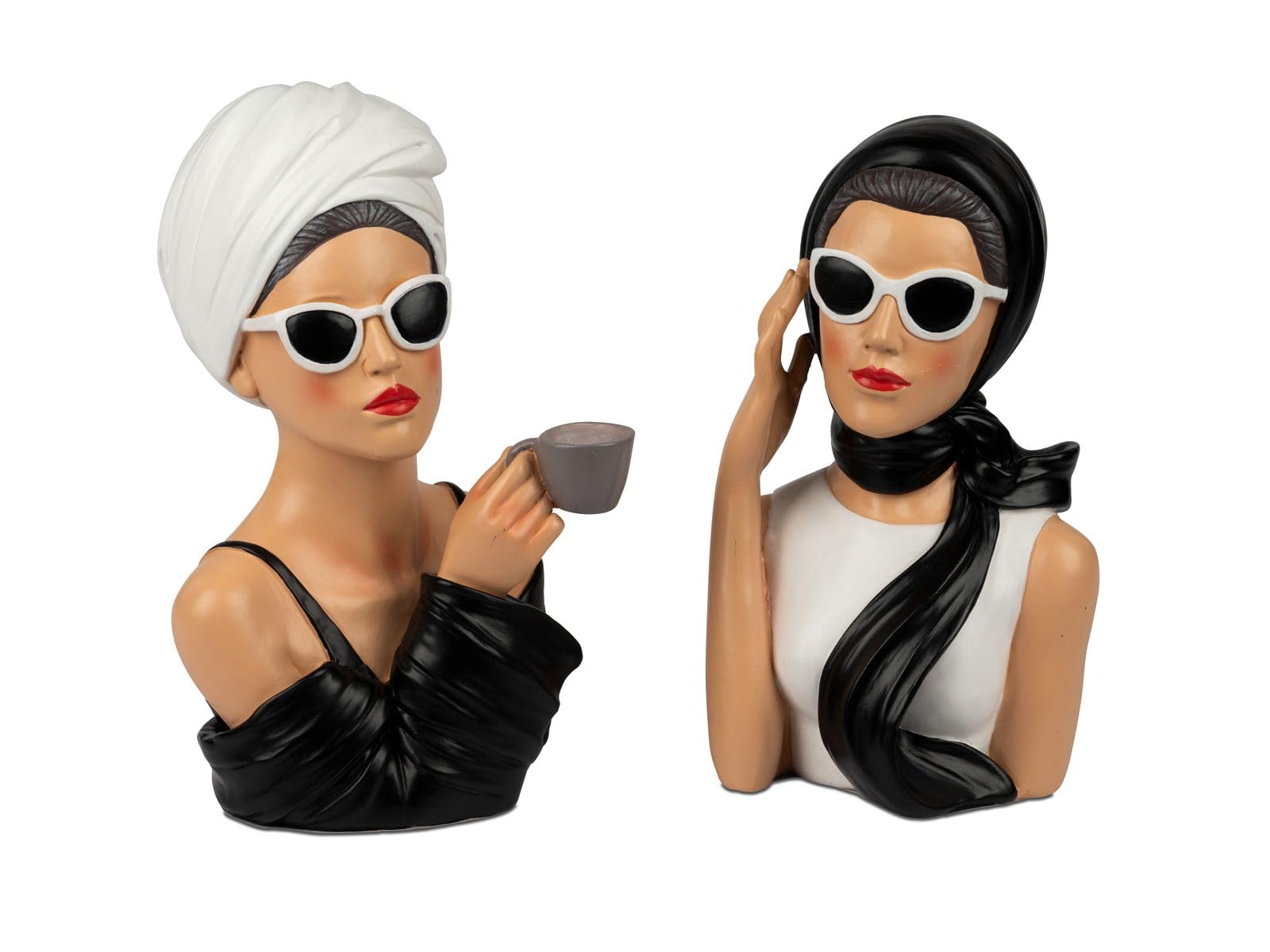 formano Lot de 2 buste décoratif pour femme de style vintage hollywood peint à la main - Sculpture colorée de 28 cm - Cadeau pour femme - Sculpture avec lunettes de soleil pour salon, coiffeuse,