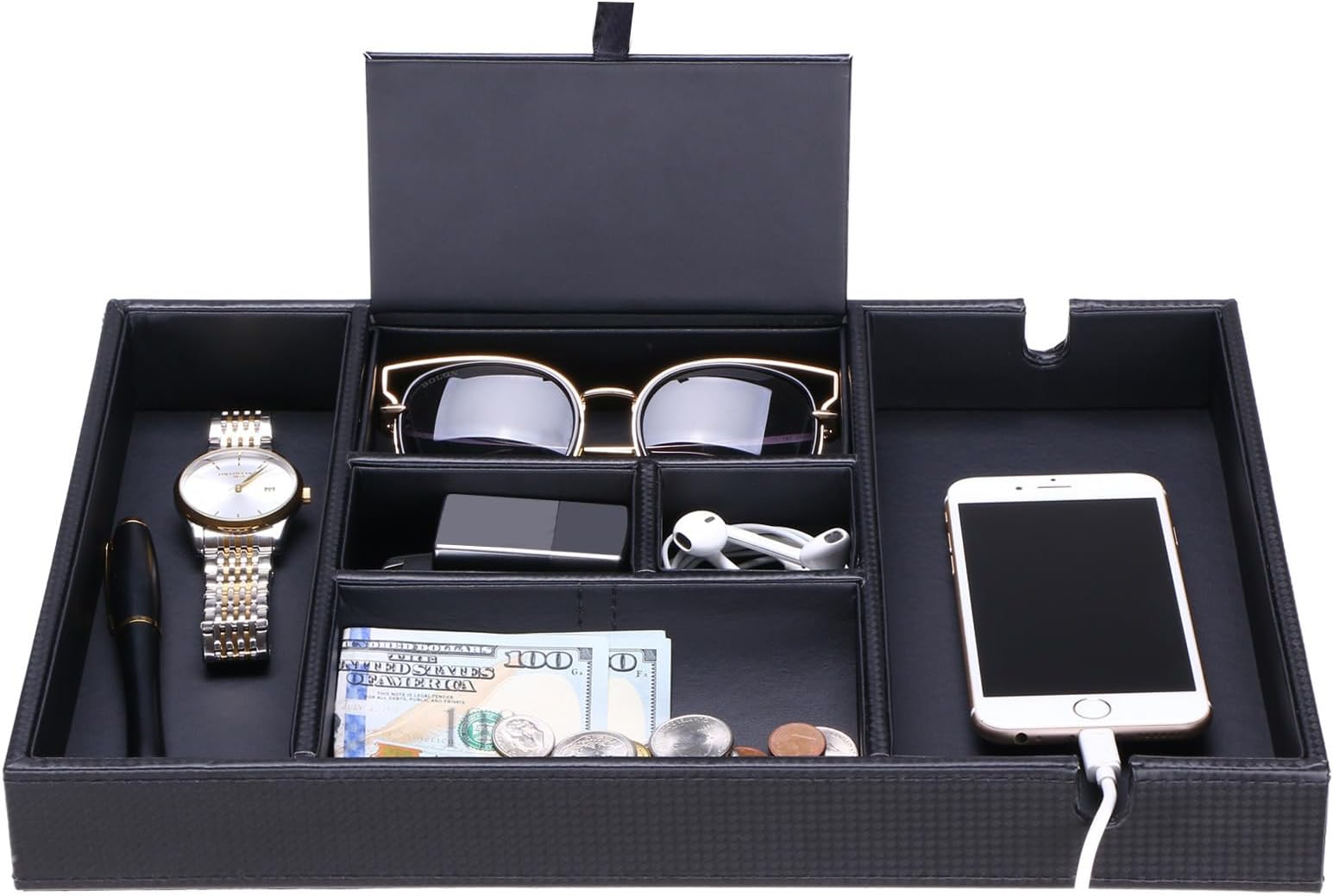 BEWISHOME Valet Tray for Men Dresser Organizer Nightstand Organizer Desktop Storage Organizer with Large Smartphone Charging Station, 6 Compartments, Carbon Fiber Faux Leather,Black SSH16C