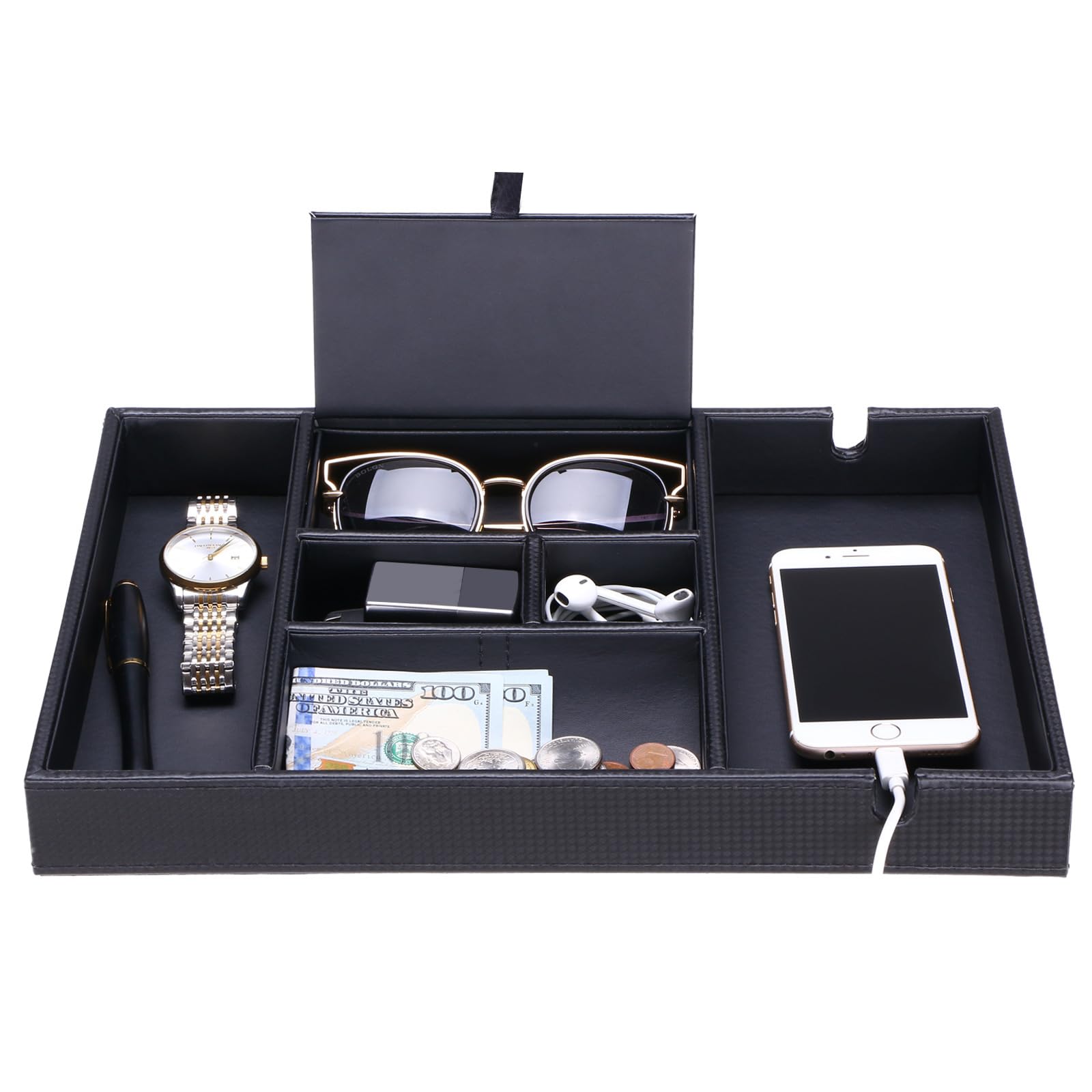 BEWISHOME Valet Tray for Men Dresser Organizer Nightstand Organizer Desktop Storage Organizer with Large Smartphone Charging Station, 6 Compartments, Carbon Fiber Faux Leather,Black SSH16C