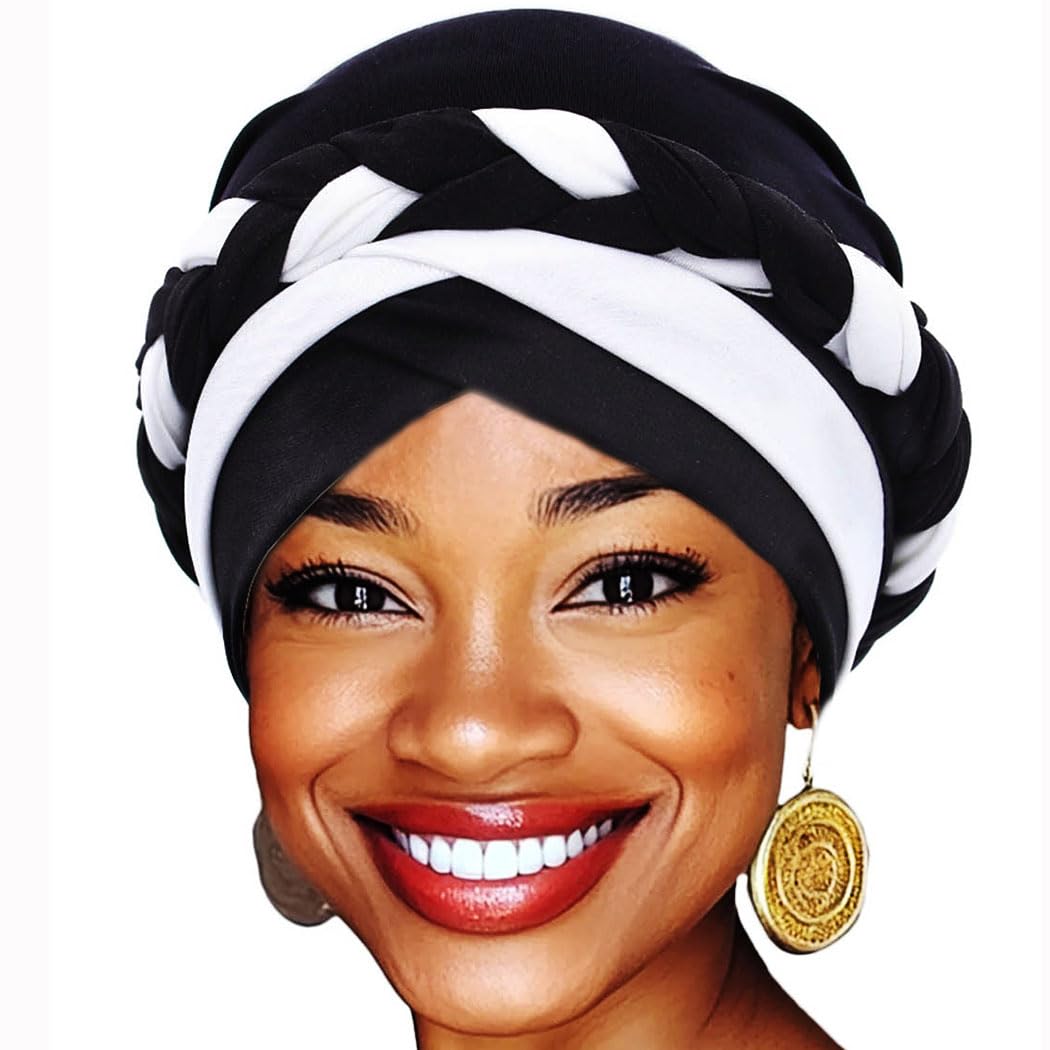 Women African Turban India's Hat Black Stretch Braid Head Wrap