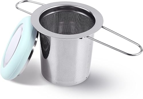 Fenshine Infusor de té de acero inoxidable con mango plegable, filtro de té, filtro de malla extrafina, cesta de preparación con tapa para té de
