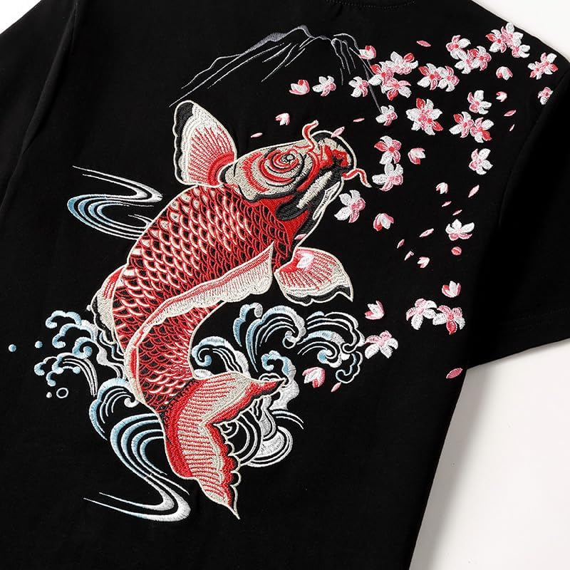 Koi Fish Embroidery T-Shirts for Men Women Cotton Loose Fit Short Sleeve Tees Unisex Cherry Blossom Tops