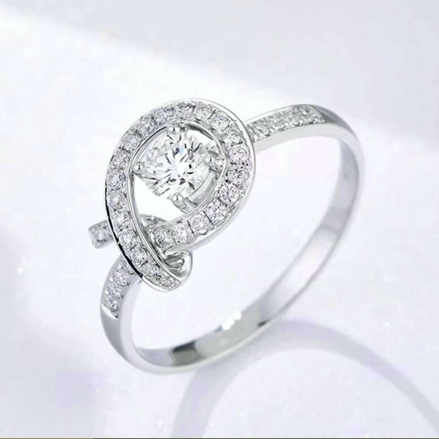 Women Promise Ring White Gold 9 ct / 14 ct / 18 ct, Ribbon and Round with 0.3ct Diamond, Ring Silver Women Wedding