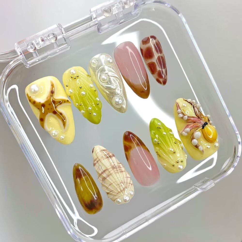 Press On Nails - Luxury Medium Almond 3D False Nails Women Reusable ABS Material Finger Printed Nail Tip French Salon Design Artificial Fingernail Thick Acrylic and Muti-Layer Gel False Nails (Size M)