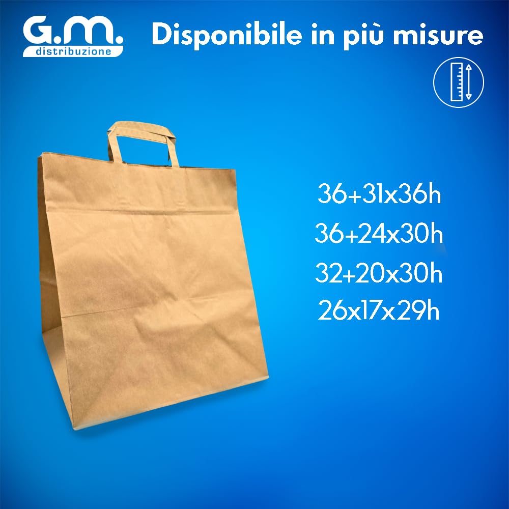 GM 50 Shopper Asporto in Carta 26+17x29h cm Avana Borse con Base Larga e Manici per Cibo Bevande Take Away