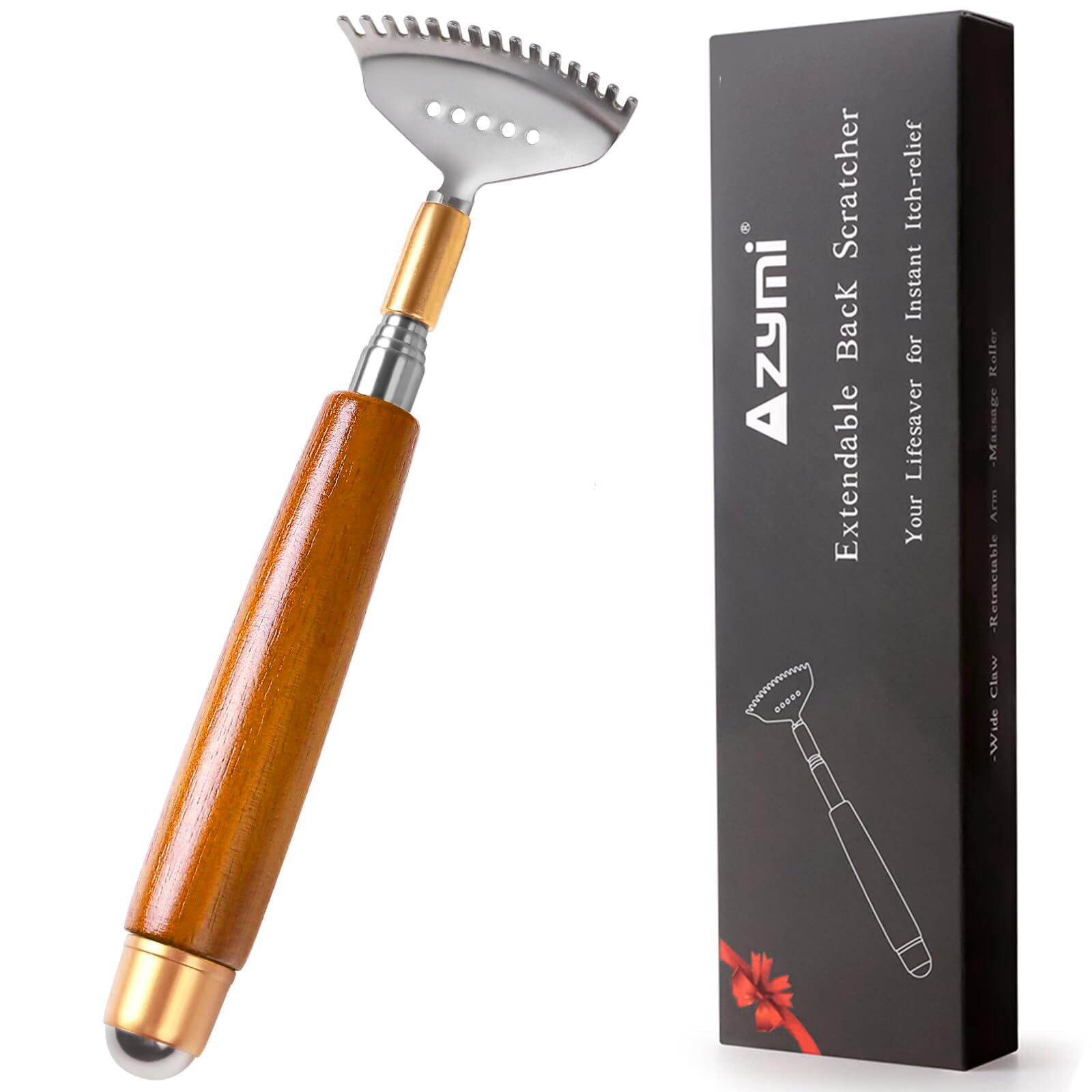 Back Scratcher, Telescopic Back-Scratcher for Women Men with Long Wooden Handle-Massage Roller-Steel Claw, Portable Back Massager for Head Scalp Face Foot Scratching