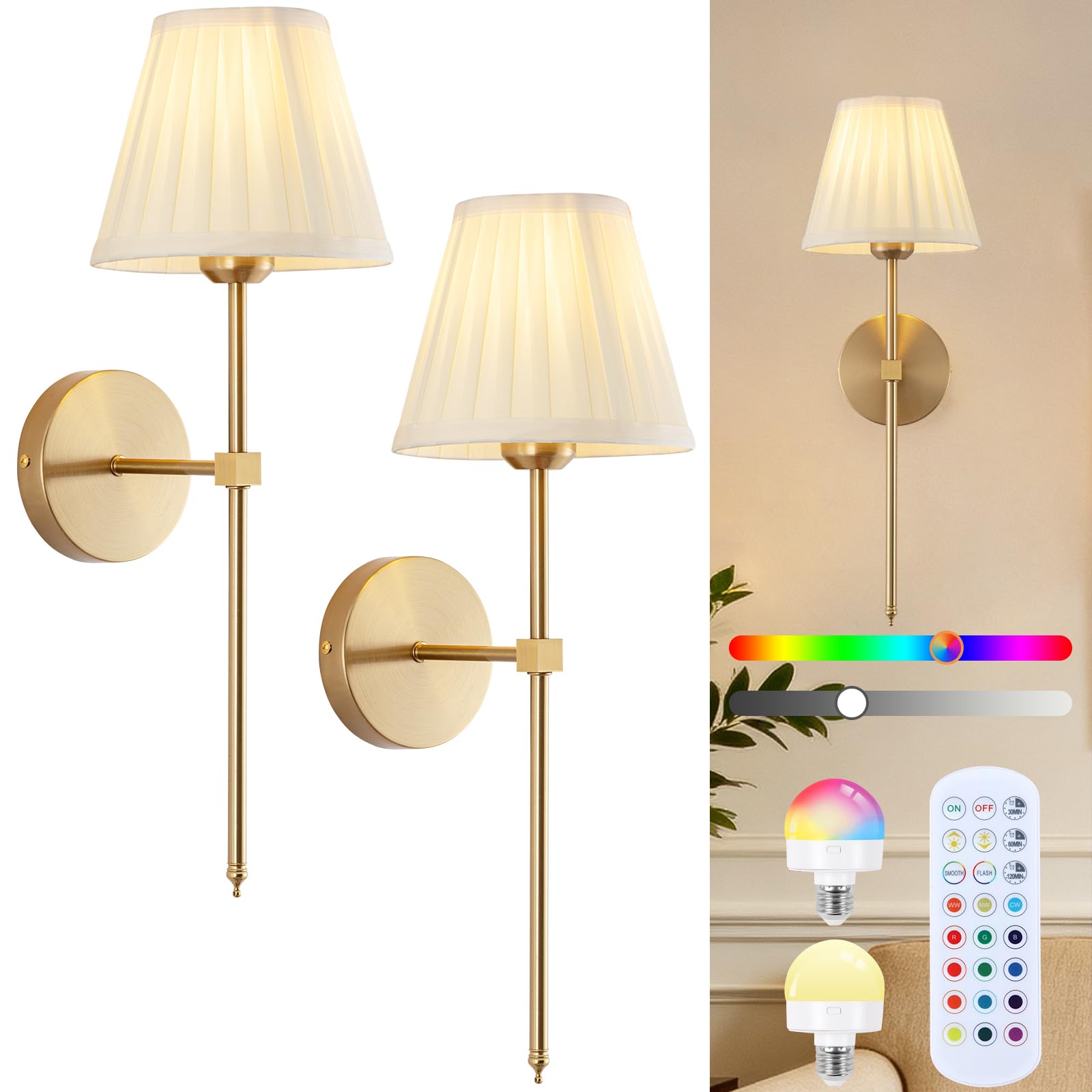 Photo 1 of JERANDO Cordless Battery Operated Wall Sconces Set of 2, Rechargeable Wall Sconce with Remote, Fabric Shade Wireless Wall Sconce Fixtures for Bedroom, Living Room, Bedside (2 Bulbs Included)