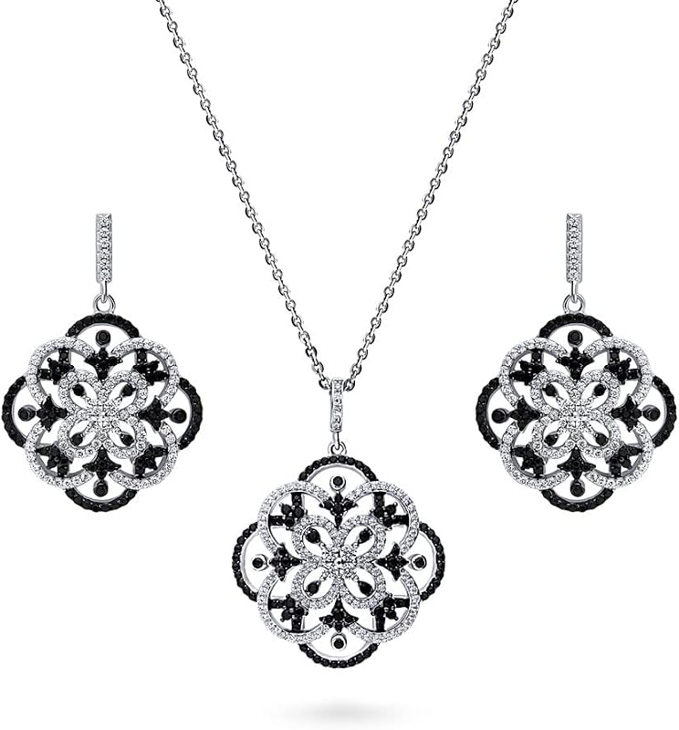 BERRICLE Sterling Silver Flower Cubic Zirconia CZ Black and White Fashion Necklace and Earrings Set for Women, Rhodium Plated