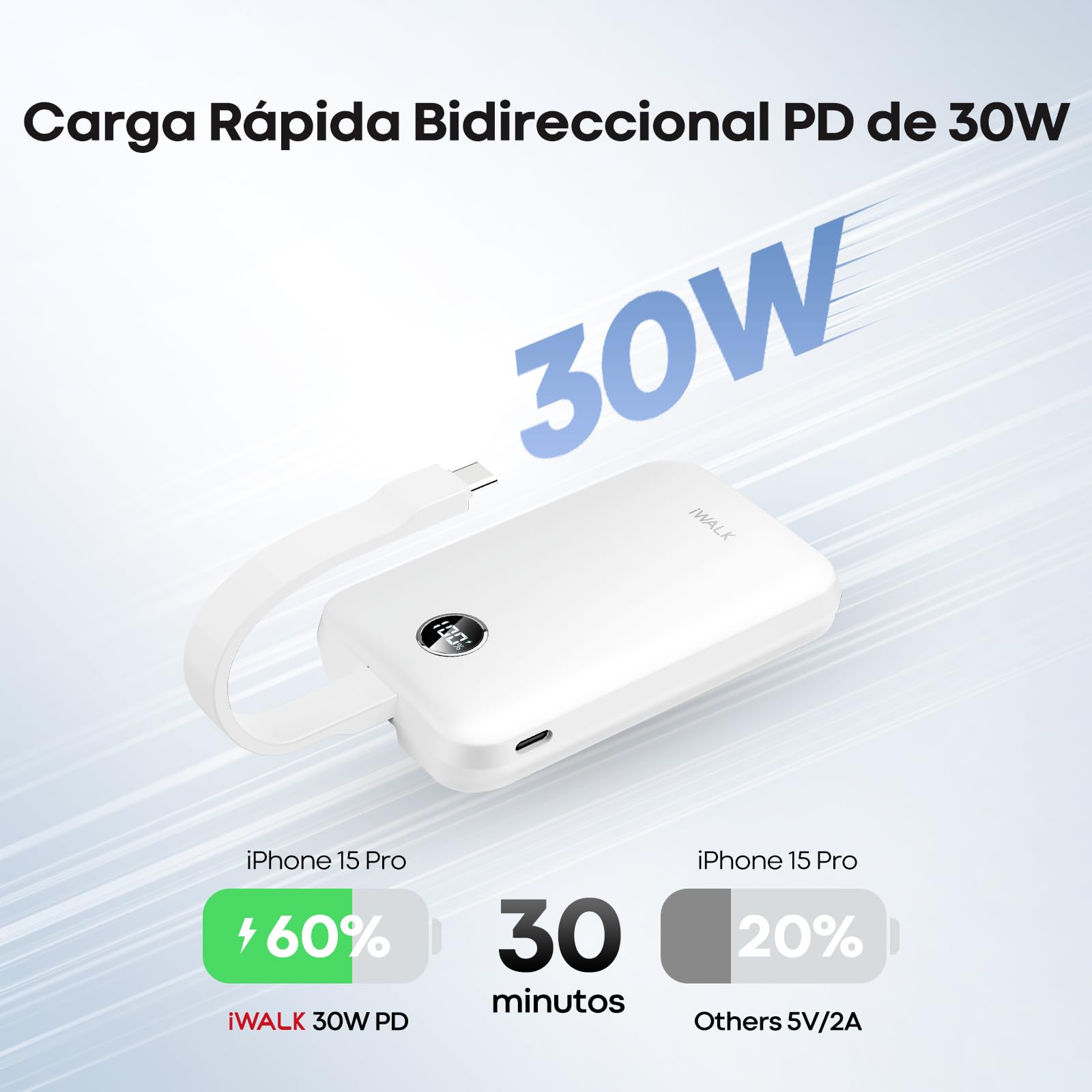 iWALK Batería Externa magnética portátil de 10.000 mAh: Qi2 certificada 15 W Wireless Power Bank 30 W Carga rápida con Cable USB-C batería con indicador LED para iPhone 16/15/14/13/12 Serie